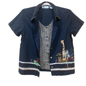 Lemon Grass Shirt Womens Small Black Embroidered‎ Safari Animals Layered Top